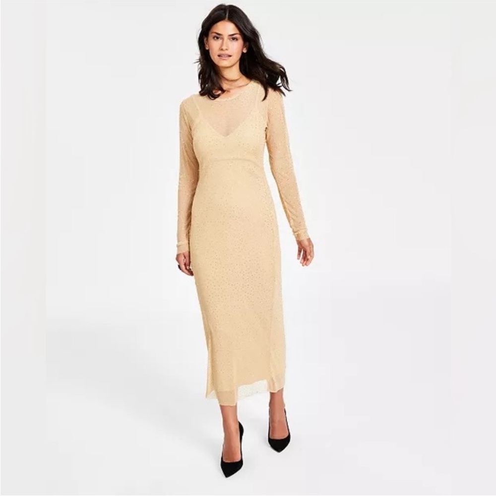 Bar lll Women's Studded Mesh Midi Dress,With Liner, Gold/Cream,Small-Will Fit M